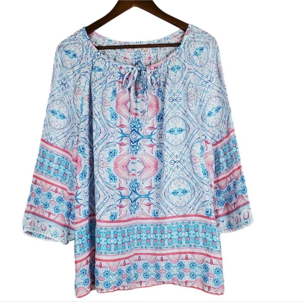 CHARTER CLUB Signature Linen Boho Tunic Top XL Blue Pink Floral Tie Neck